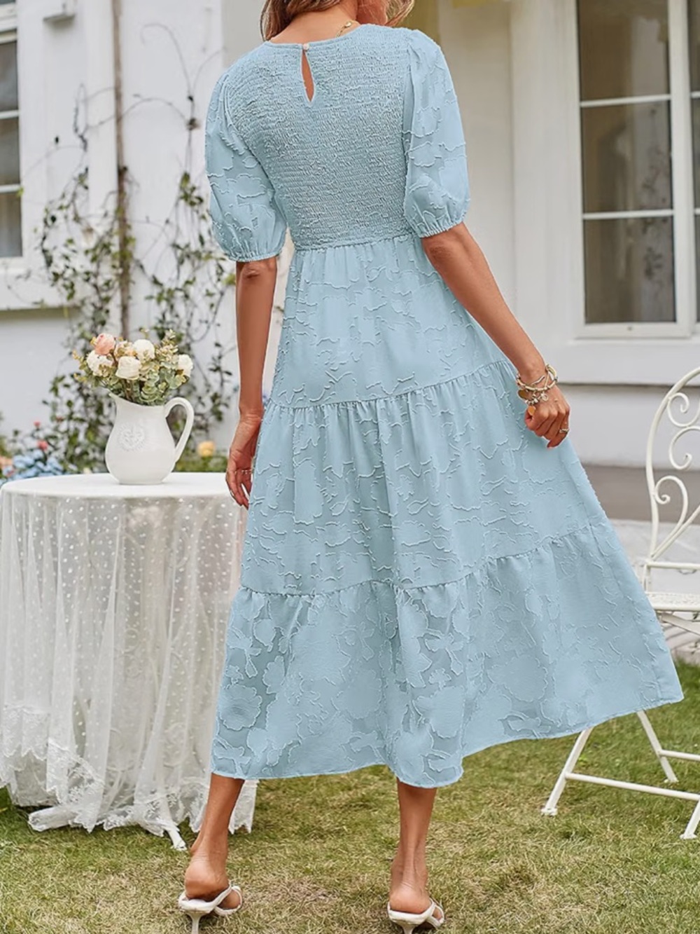NWT MEROKEETY Lt Blue Floral Textured Tiered Midi Dress Short Sleeve Smocked LG - Picture 2 of 12